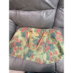Vintage Gap Floral‎ Canvas Duffle Bag Rose Print Leather Trim Weekender Sage 90s
